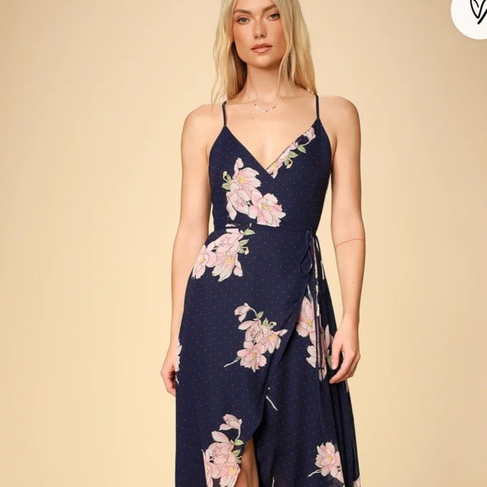 Lulu's Loiselle Navy blue floral print polka dot wrap maxi dress
